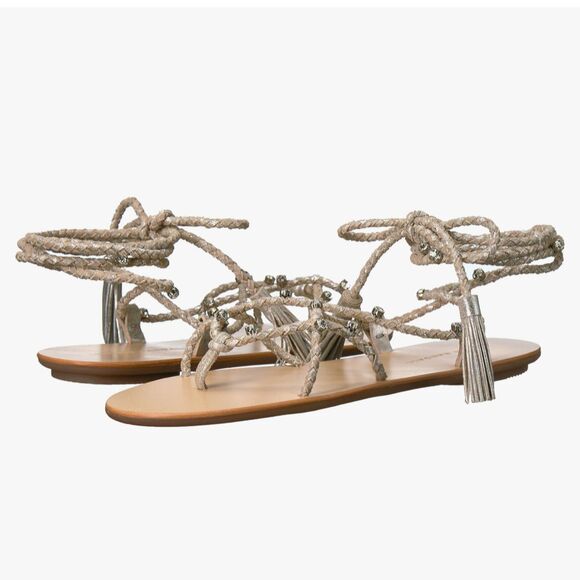 LOEFFLER RANDALL Bo Crystal Embellished Braided Ankle Tie Sandals Metallic Sz 8 - Picture 1 of 14